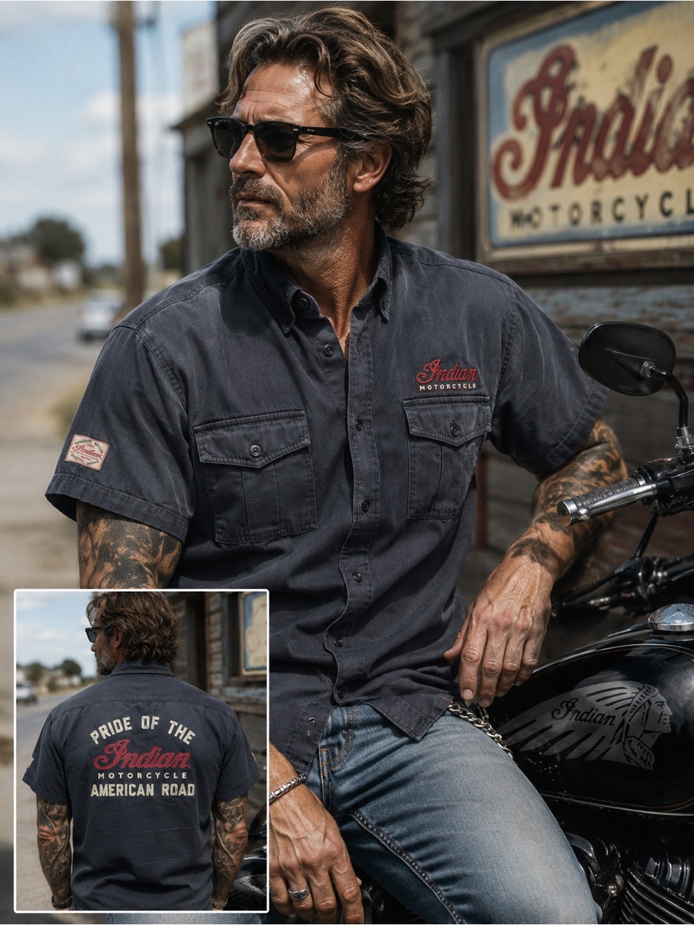 Indian Motorcycle Logo Mechanic Work Shirt Grey Button Front Garage Men’s Large